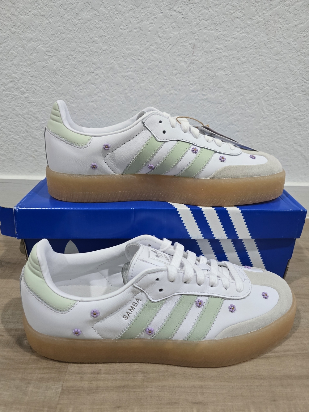 adidas Samba Sneakers White Mint with Gum Sole and Purple Flower Accents New